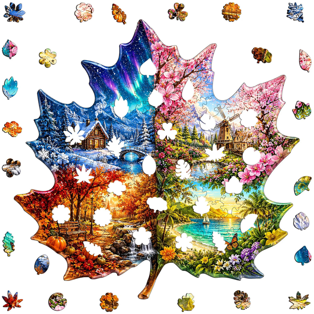 A colorful jigsaw puzzle featuring a forest scene with deer, sunset colors, and autumn foliage.