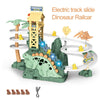 Electric track slide dinosaur railcar set featuring a dinosaur, climbing stairs, and a wooden structure.