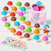 A collection of colorful ice cream cones with letters and fruits, used as a sorting Montessori toy for early learning.