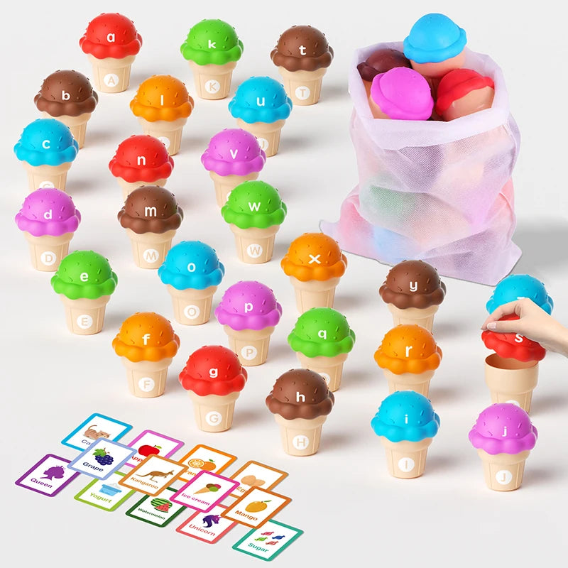 A collection of colorful ice cream cones with letters and fruits, used as a sorting Montessori toy for early learning.