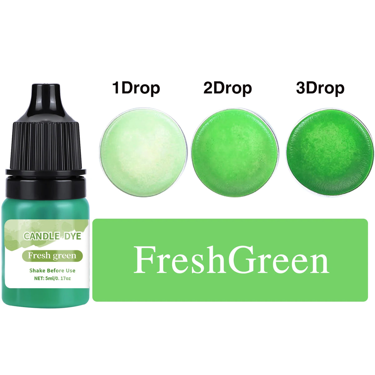 A bottle of FreshGreen liquid candle dye with three dropper bottles showing 1, 2, and 3 drops of the green liquid.