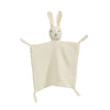 A soft cotton muslin baby comforter blanket shaped like a rabbit with long ears.