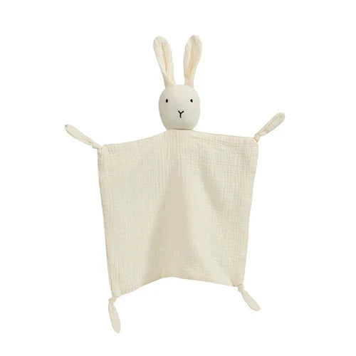 A soft cotton muslin baby comforter blanket shaped like a rabbit with long ears.