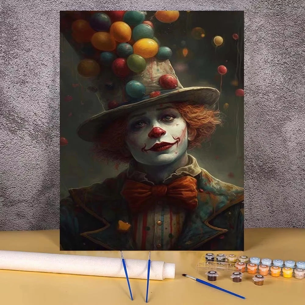 A painting of a clown with bright makeup and a hat, featuring vibrant colors and dark background.