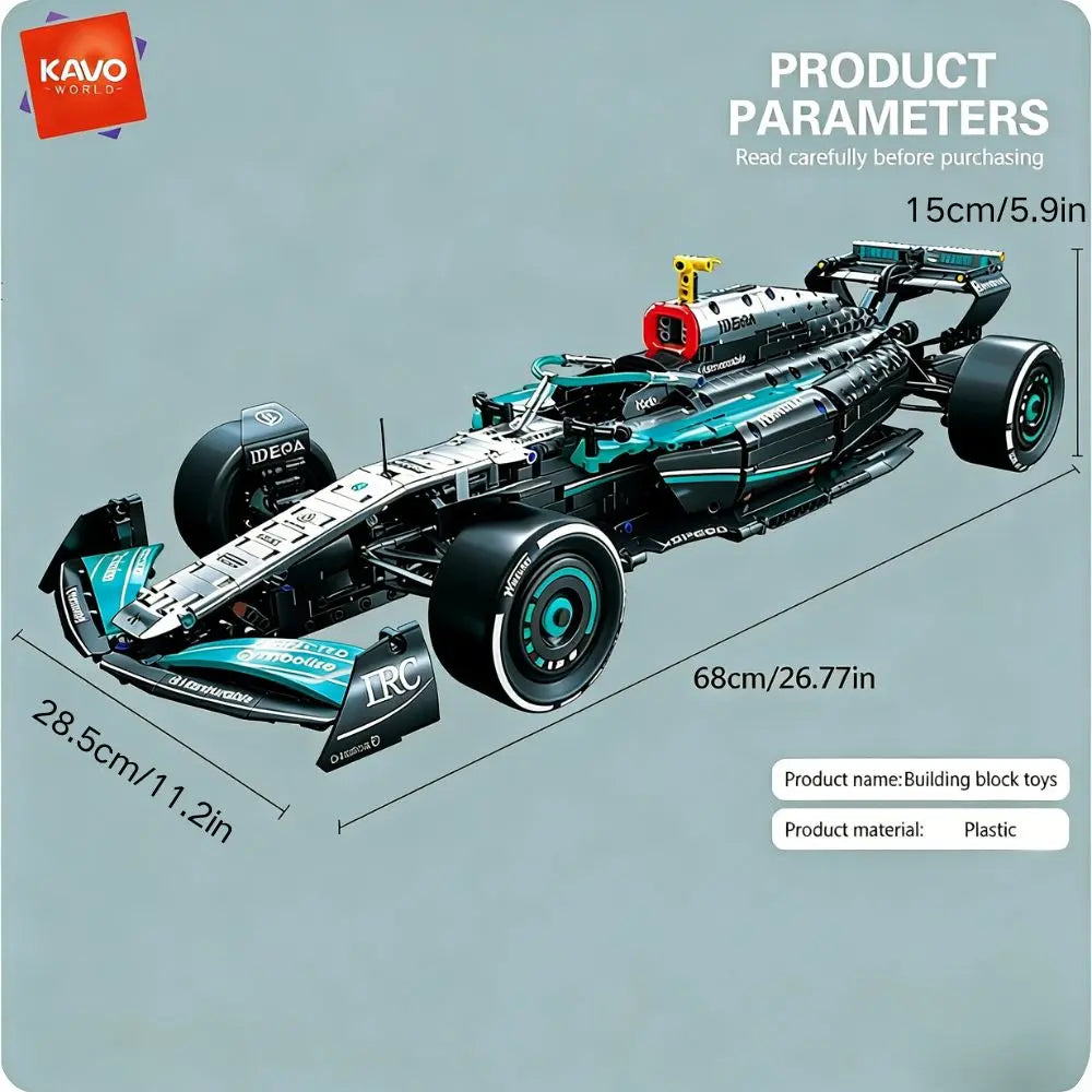 A black and teal 1:8 scale formula racing car building block set with steering and engine linkage.