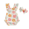 A baby girls summer romper set featuring a white fabric with floral patterns in peach, pink, and light green, complete with m