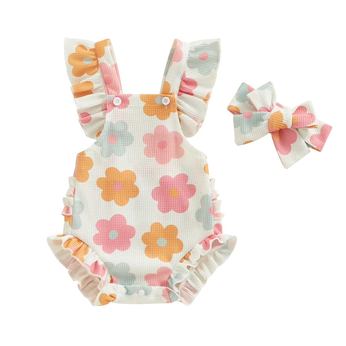 A baby girls summer romper set featuring a white fabric with floral patterns in peach, pink, and light green, complete with m