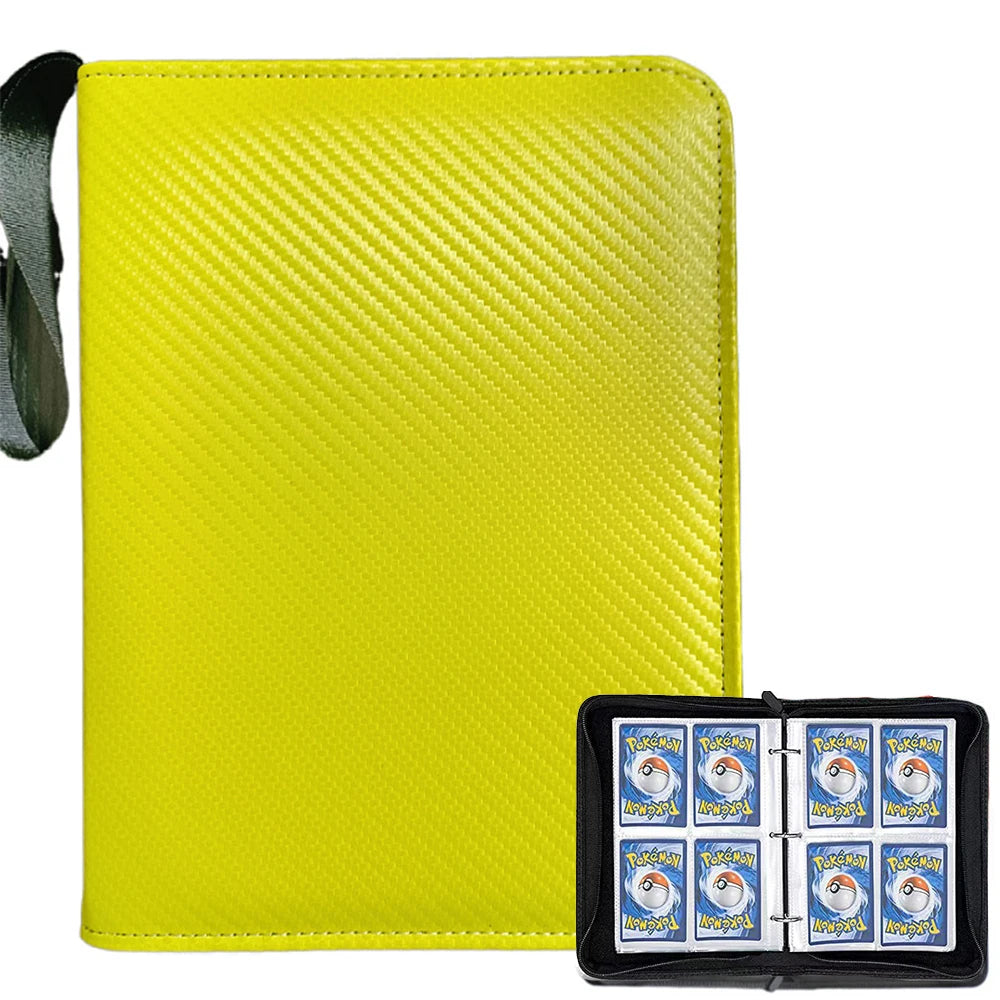A bright yellow PU leather card binder with a black strap and a zippered compartment.