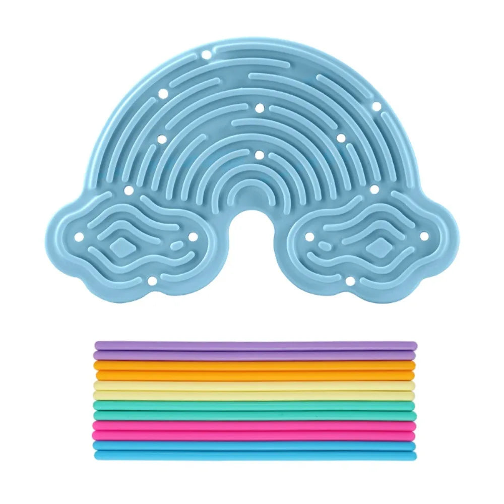 Light blue silicone sensory activity board with 12 concentric strings