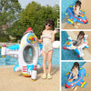 A girl is standing next to an inflatable aircraft swim ring for kids in a pool, with multiple views of the product.