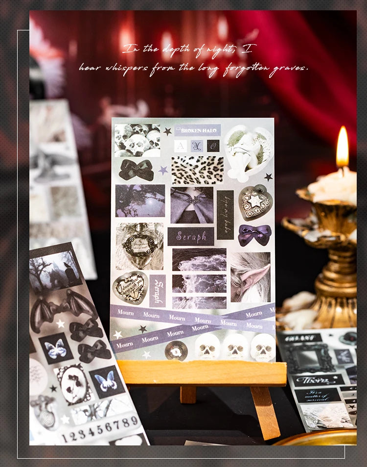 A collection of die-cut sticker sheets featuring skulls, bats, and other gothic imagery on a light background.