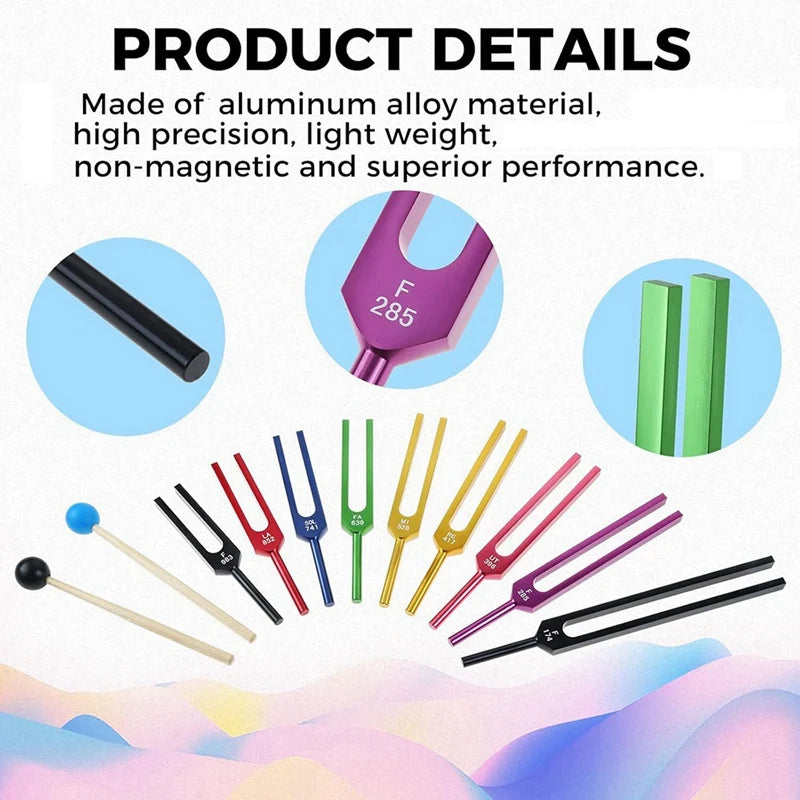 9-Piece Color Tuning Fork Set for Sound Healing and Chakra Balancing