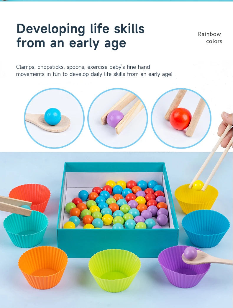 A collection of colorful wooden beads and various sized silicone muffin cups for developing fine motor skills.
