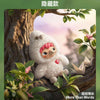 A fluffy white plush doll with pink accents is nestled in a tree branch surrounded by green leaves and soft lighting.