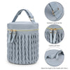 Light blue knitted organizer bag with a square hardware buckle and leather pull head for stroller accessories