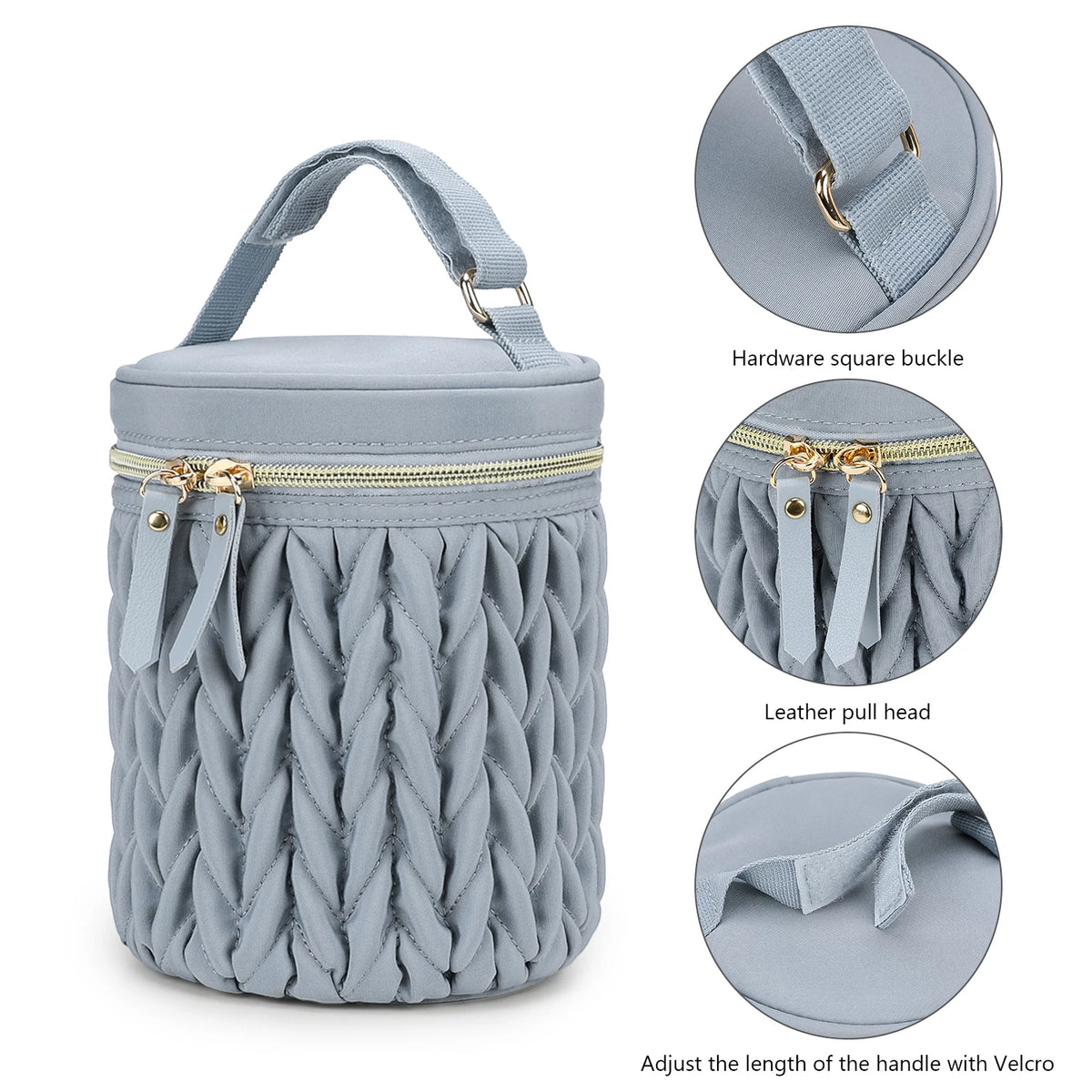 Light blue knitted organizer bag with a square hardware buckle and leather pull head for stroller accessories