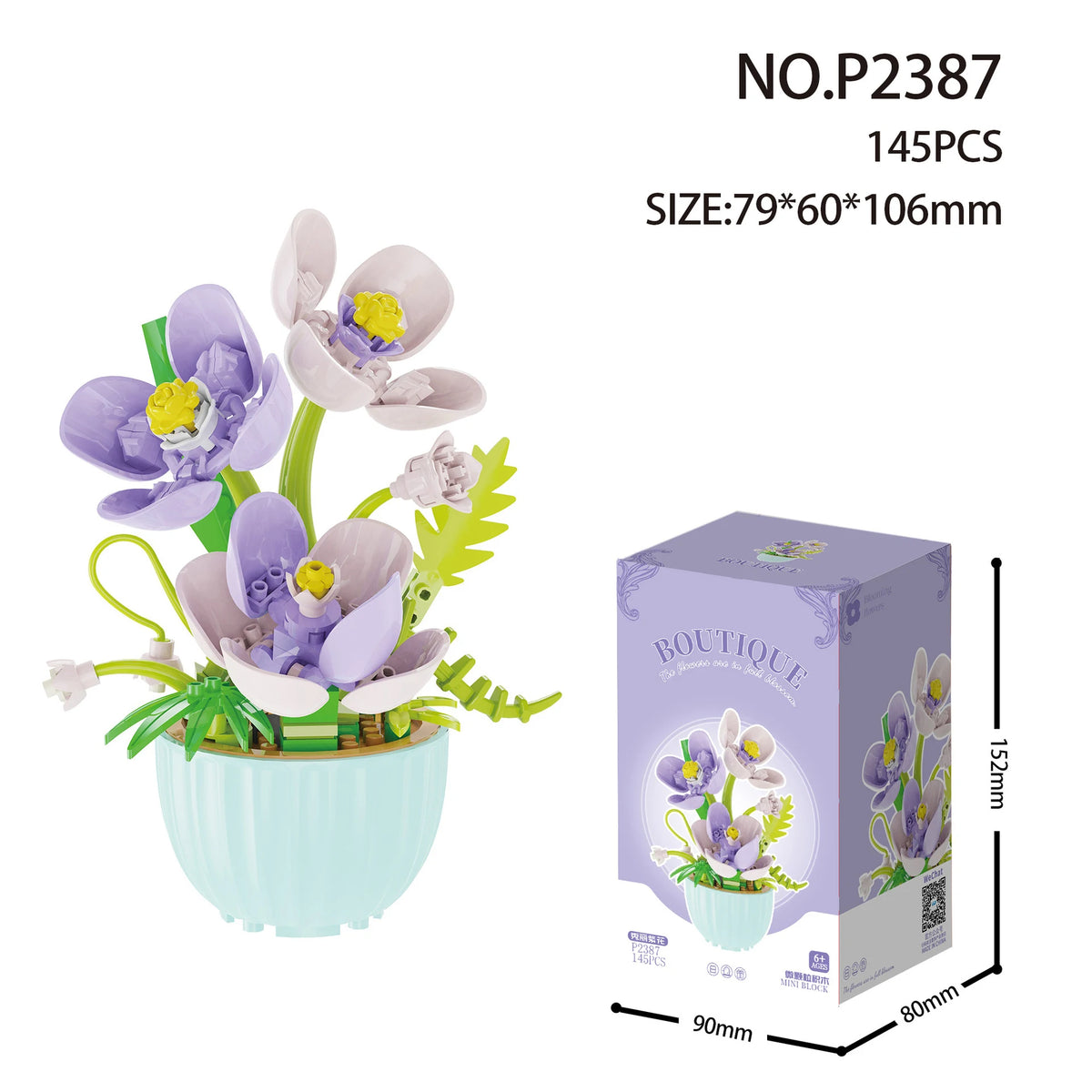 A bouquet of purple and white flowers with green leaves displayed in a light blue pot.