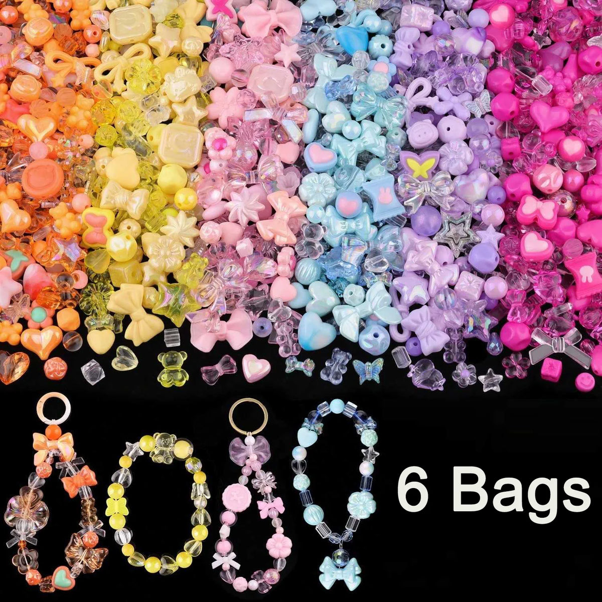 A colorful mix of acrylic beads in various shades including pink, purple, yellow, and blue for DIY jewelry making.