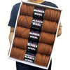 A box containing five skeins of brown alpaca wool yarn for knitting and crochet.