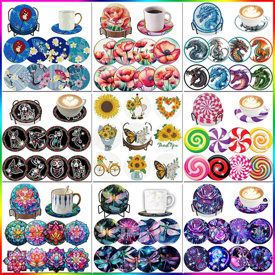 DIY Diamond Painting Coaster Kit with Holder – 8 Floral Resin Coasters