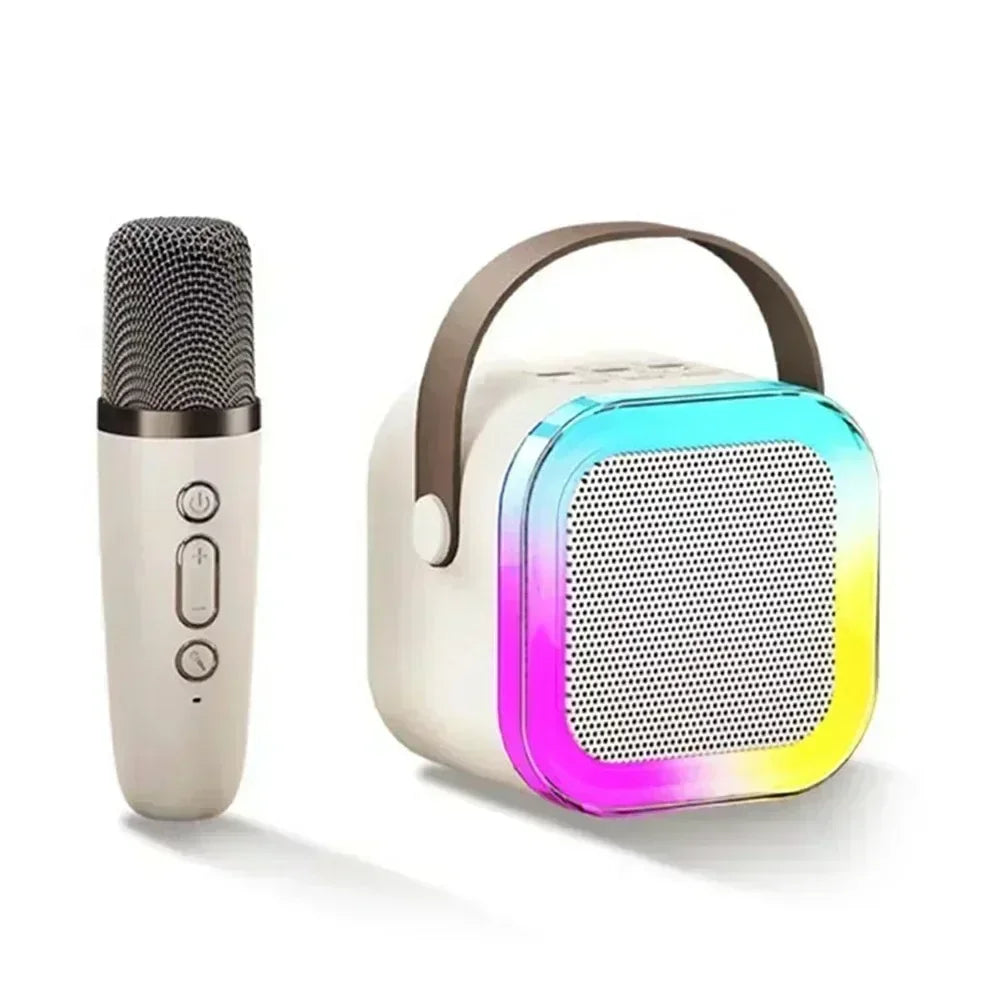 A white Bluetooth karaoke speaker system with a wireless microphone and a colorful, translucent grille.
