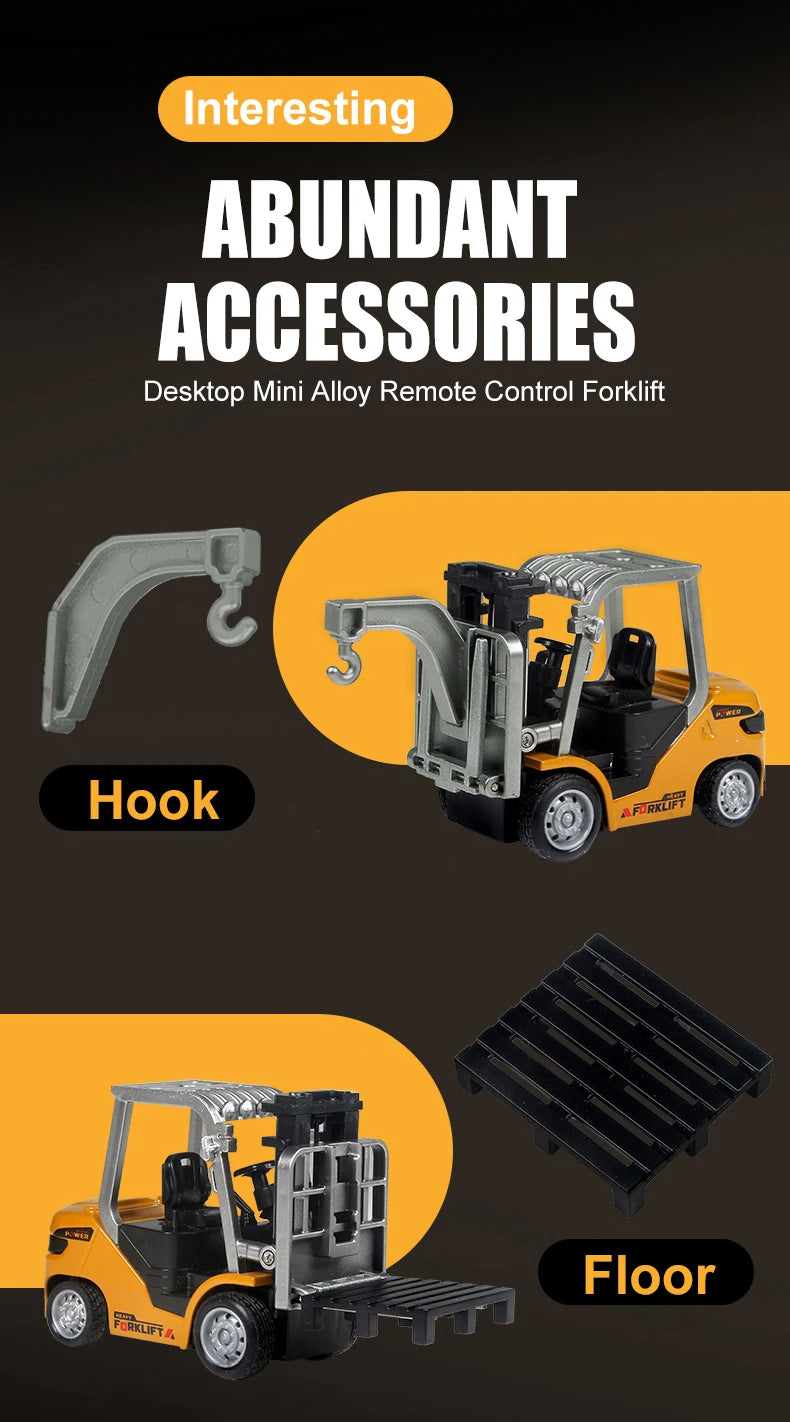 A desktop mini alloy remote control forklift with a hook and floor plate accessories.