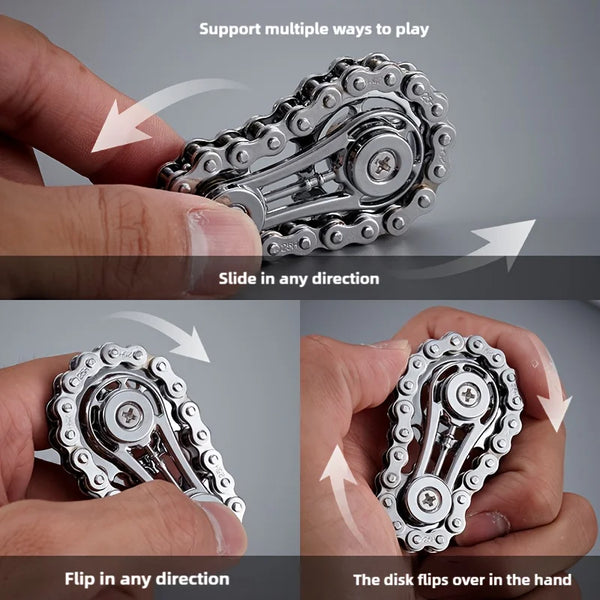 Metal fidget spinner showing various ways to play including sliding and flipping in any direction
