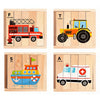Four wooden jigsaw puzzles featuring a train, a yellow jeep, a boat, and an ambulance.