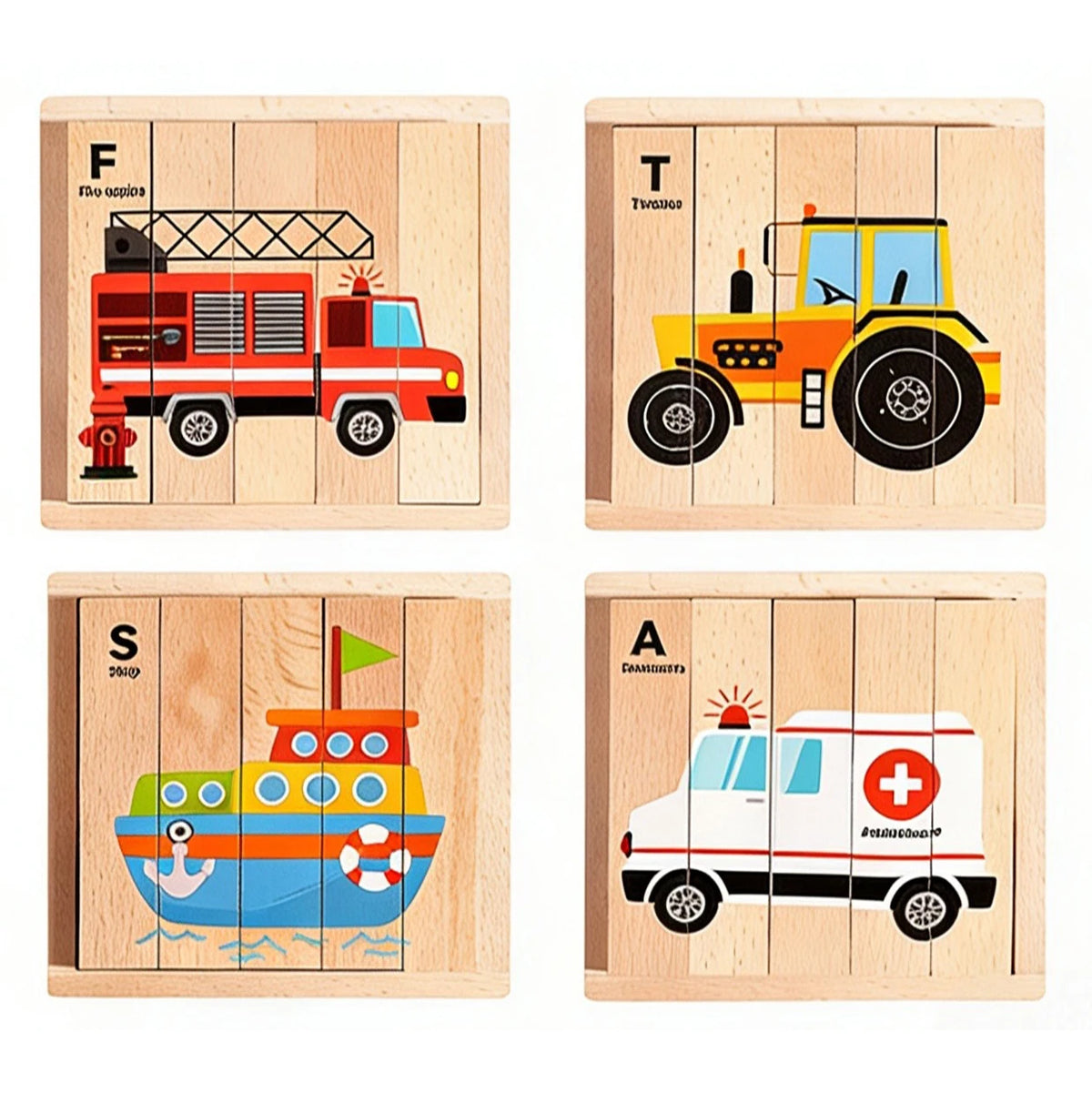 Four wooden jigsaw puzzles featuring a train, a yellow jeep, a boat, and an ambulance.