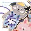 A gray wooden lacing toy shaped like a bear and a pink wooden rabbit, demonstrating a high-definition thermal transfer patter