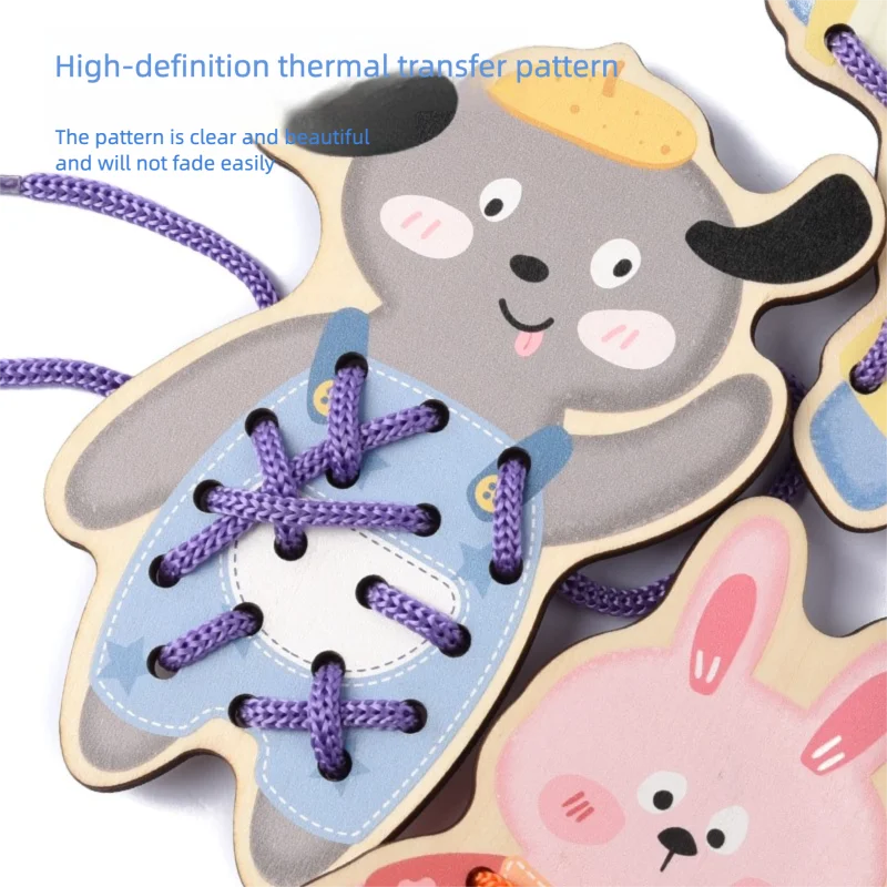 A gray wooden lacing toy shaped like a bear and a pink wooden rabbit, demonstrating a high-definition thermal transfer patter