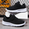 Black breathable mesh kids sneakers with white soles displayed on a white box.