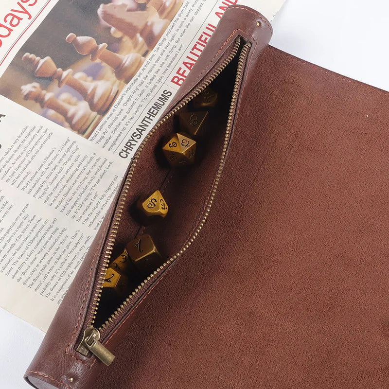 A brown PU leather storage bag with a zipper displaying several gold-colored dice inside.