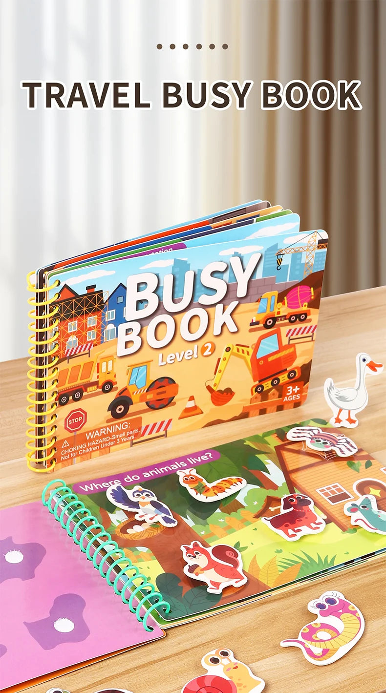 A colorful Travel Busy Book with animal themes and sticker activities for toddlers