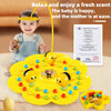 A yellow multifunctional board game and fishing toy set with bee-shaped pieces and a mother and baby in a happy context.