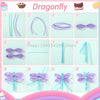 A collection of purple and blue bendable chenille craft stems and bows for dragonfly decorations.