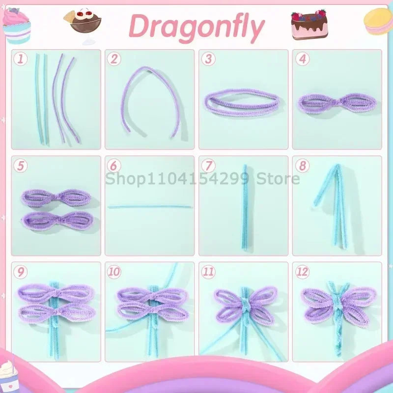 A collection of purple and blue bendable chenille craft stems and bows for dragonfly decorations.