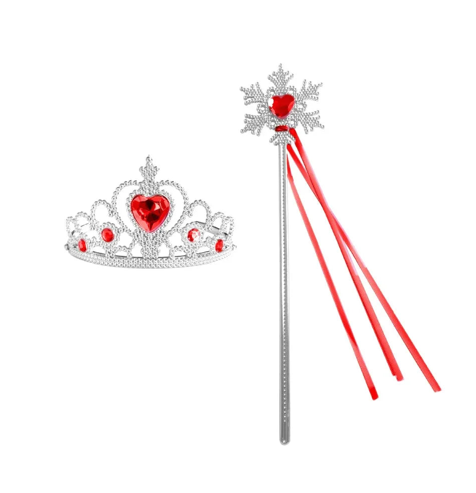 Silver crown and wand playset with a red heart decoration and red ribbons