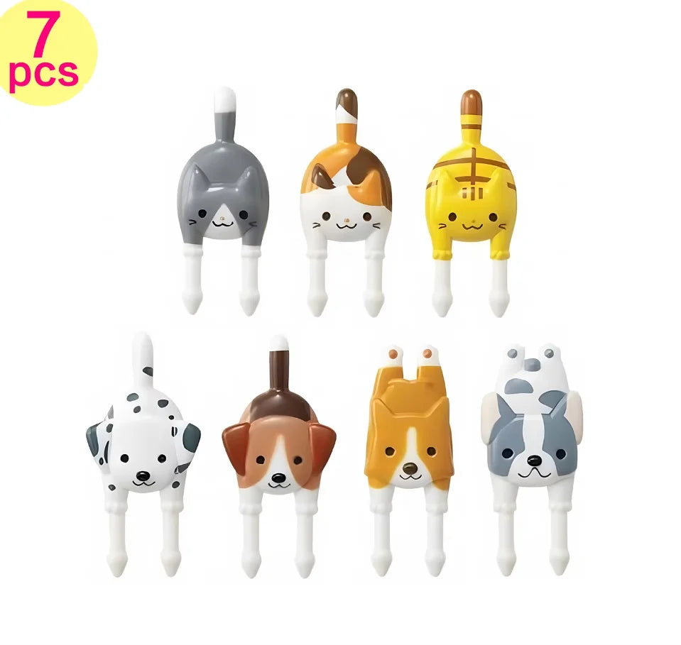 A set of seven kawaii mini fruit forks shaped like various animals for kids