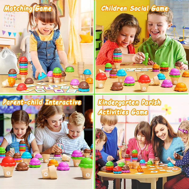 A collection of colorful ice cream-themed sorting and matching toys used for children's educational games.