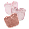 Two pink and dusty rose soft cotton baby bibs with adjustable snap closures shown from above.