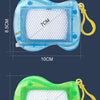 Four colored mini magnetic drawing boards or keychains shown side by side with measurements.