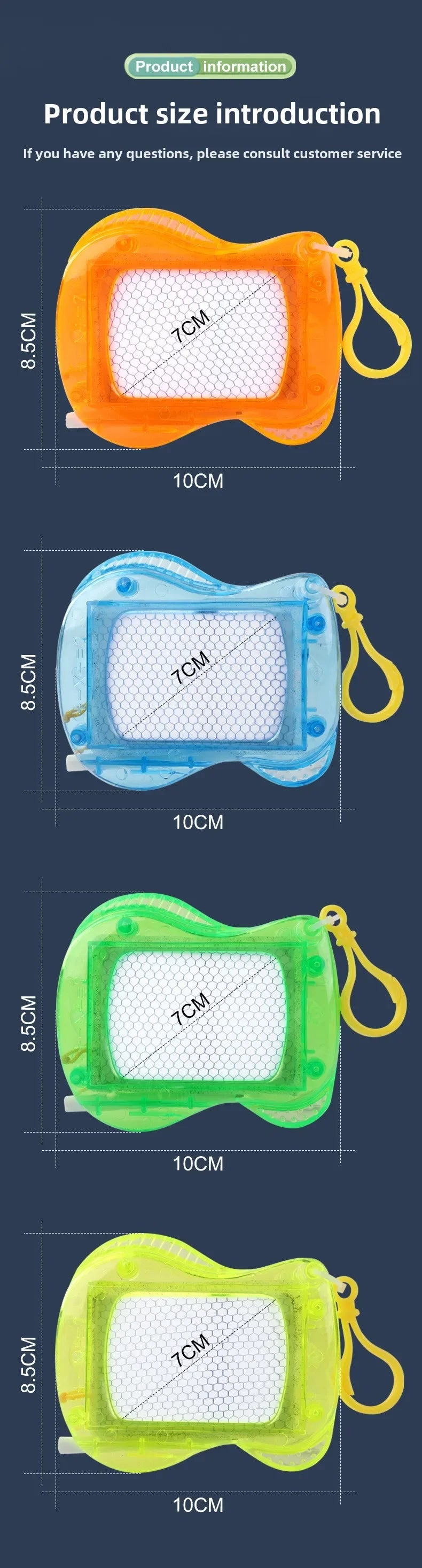 Four colored mini magnetic drawing boards or keychains shown side by side with measurements.