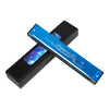 A blue and silver 24-hole tone tremolo harmonica is shown inside its black hard case.