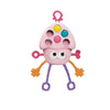 A pink baby pull-string sensory toy with silicone teether featuring multiple colored holes and dangling limbs.