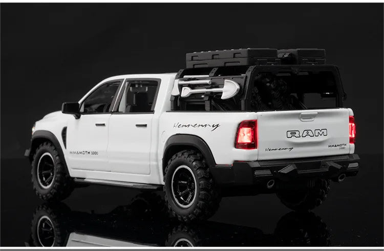 A white RAM TRX diecast pickup truck model displayed against a dark background.