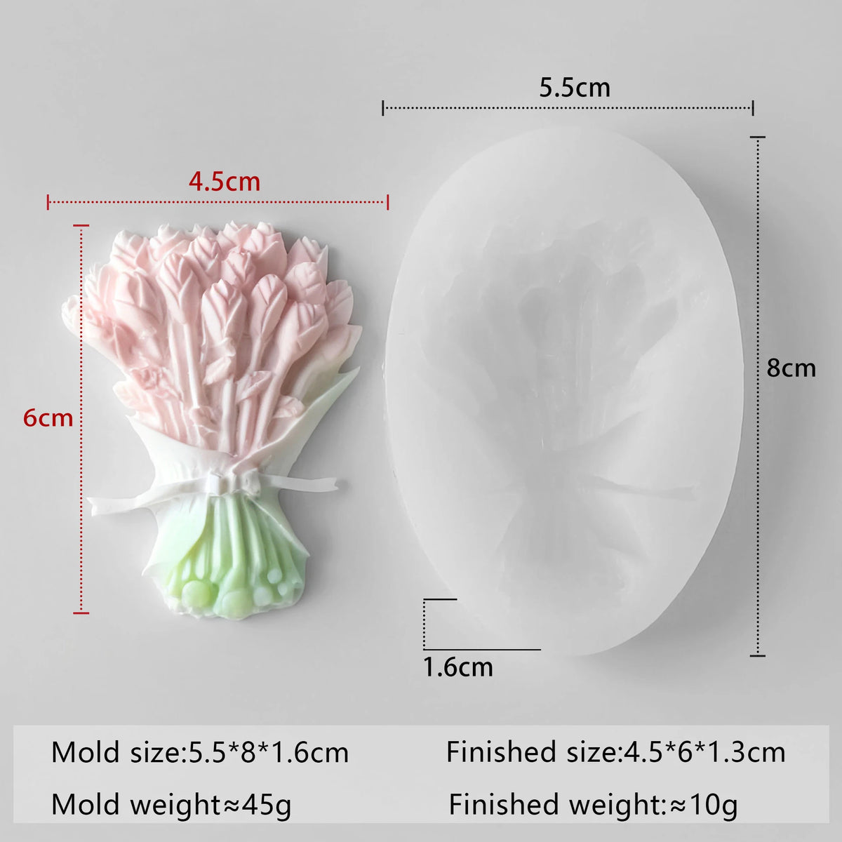 A silicone mold showing a pink flower arrangement and its finished size details.