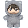 A gray plushie resembling a cat with large ears and a hood, featuring a human-like face.
