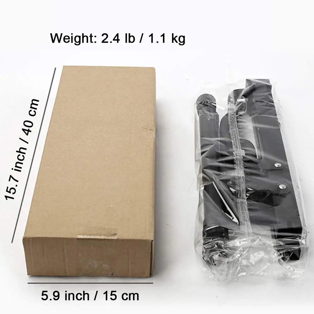 A black universal folding A-frame guitar stand packaged in clear plastic.