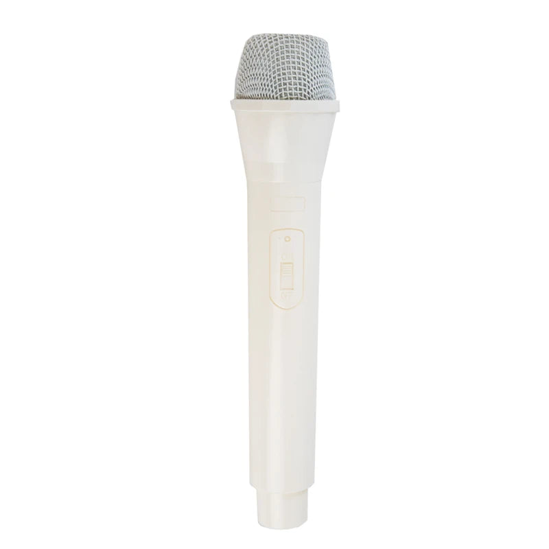 A white realistic toy microphone prop with a mesh grille and an on/off switch.